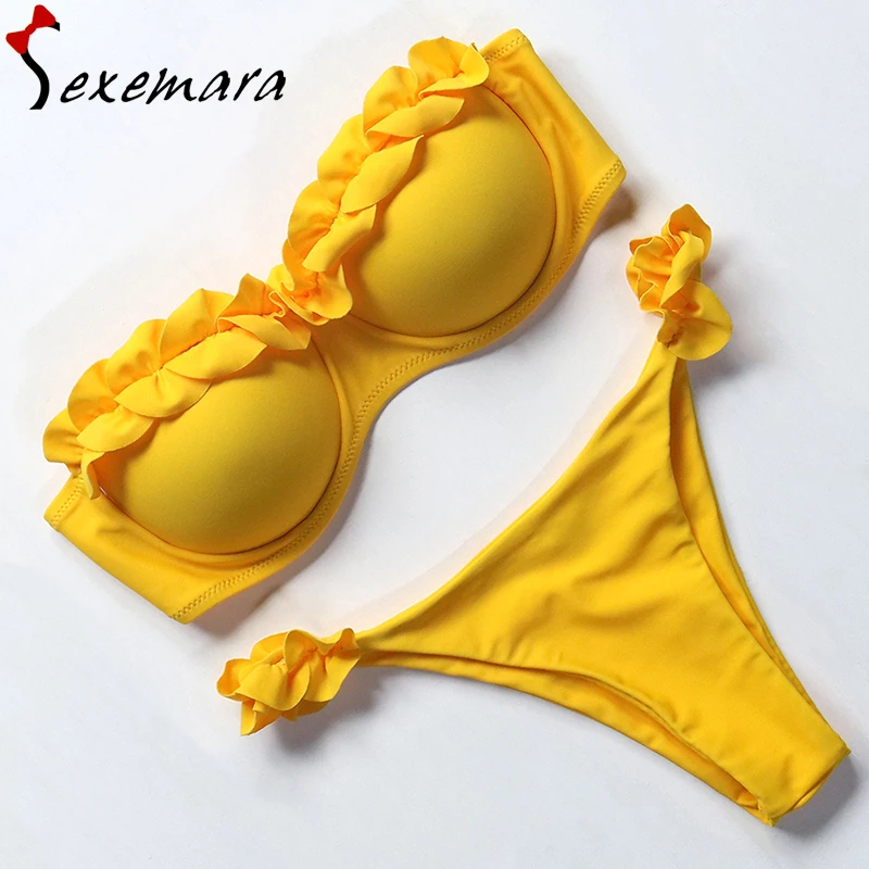 

Sexy Bandeau Bikini Set Push Up Ruffle Bikinis Ladies Bathing Suit Women Swimwear Frilled Maillot De Bain Femme Bandage Swimsuit
