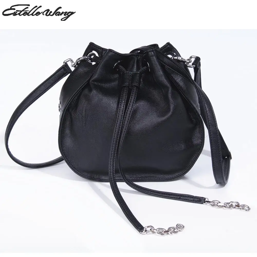

2017 Estelle Wang Bucket Soft Pu Leather Shoulder Bags Crossbody Bags Single Fashion Women String Black Handbags High Quality