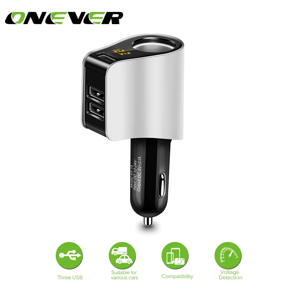 

Onever 12-24V Multifunction HY10 Cigarette Lighter Socket 3.1A 3-USB Car Charger Adapter Support Smart Fast Charging
