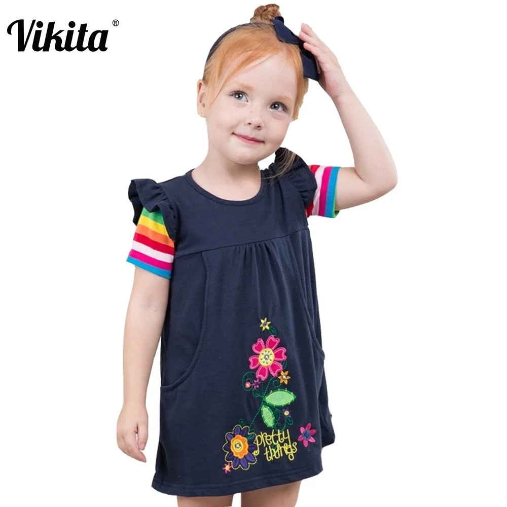 VIKITA; Брендовое детское летнее платье для девочек; roupa infantil; платья с короткими рукавами и цветочным рисунком; детская повседневная одежда из хлопка с цветочным принтом