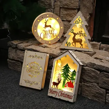 

1pc LED Wood Ornament Christmas Tree Shape Wood Light Elk Table Decor Creative Table Round Stars Elk Merry Christmas Household
