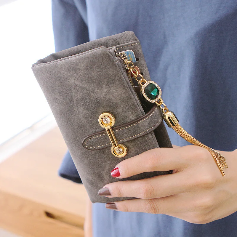 MFS 2016 New Fashion Women Wallets Drawstring Nubuck Leather Zipper Wallet Women's Short Design Purse Retro Tassels Clutch