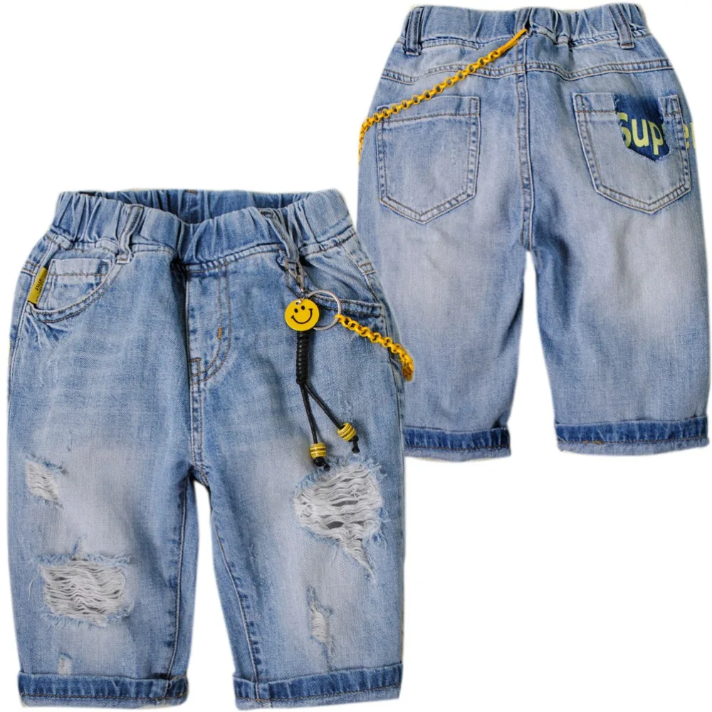 4113 summer soft denim shorts kids  hole jeans half-length  70% length  summer boys  pants boy jeans elastic waist children