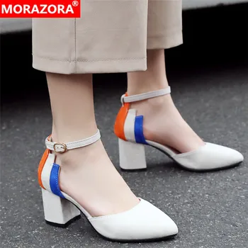 

MORAZORA Size 34-46 New fashion buckle strap women pumps pointed toe thick high heels party wedding shoes mixed color footwear