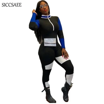 

Long Sleeve Bandage Jumpsuits For Women 2019 Spring New Turtleneck Zipper Bodycon Bodysuit Patchwork Rompers Sexy Casual One Pcs