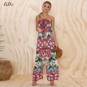 

Hot sale bohemian national wind Comfort fabric trousers 2018 summer and autumn fashion tube top printing loose one-piece trouser
