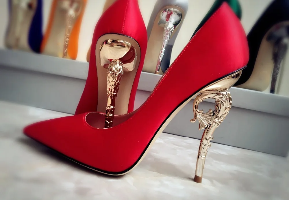 Glamorous Red Silk High Heels Pumps Women Pointy Toe