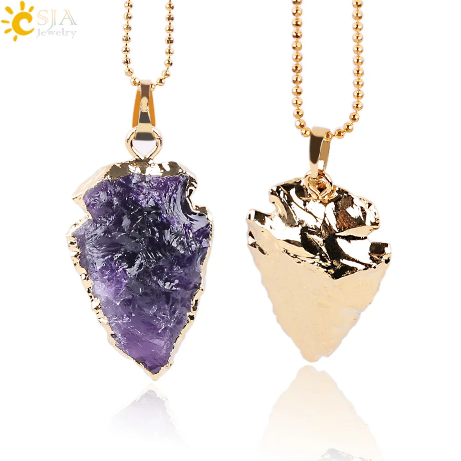 

CSJA Natural Purple Rock Crystal Quartz Arrowhead Necklaces & Pendants Reiki Gem Stone Electroplated Gold Color Men Jewelry E633