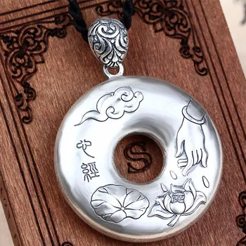 

New Pure 925 Sterling Silver Carved Lotus Buddha Hand Scripture Round Pendant