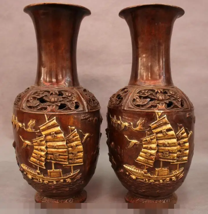 

S5197 13" Folk Chinese Bronze Gilt Crane Fish Lotus Boat Statue Flower Vase Pot Pair discount 30% (C0324)