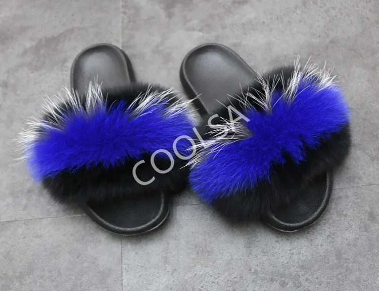 Women's Summer Fur Slippers Indoor Warm Fluffy Plush Home Shoes Woman Real Fox Hair Fur Slides Furry Sandals Female Flip Flops