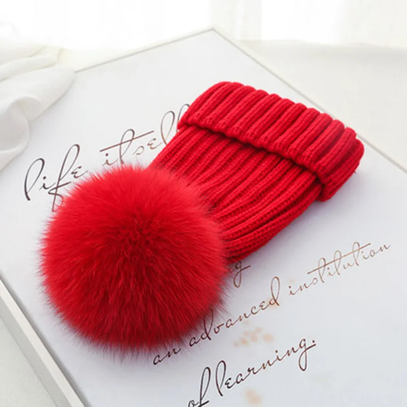 Real Fur Hat Knitted Real fox hair bulb Pom Pom Hat Women Winter Hat Unisex Kids Warm with wool Chunky Thick Stretchy Knit hat