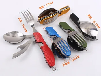 

New Multi-function Outdoor Camping Picnic Tableware Stainless Steel Cutlery 4 in 1 Folding Fork Knife&Bottle Opener