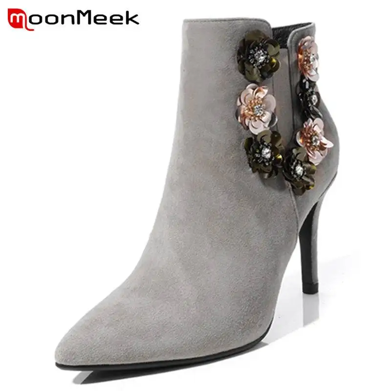 

MoonMeek 2018 NEW fashion appliques ankle boots women kid suede leather boots thin high heels pointed toe zipper autumn boots