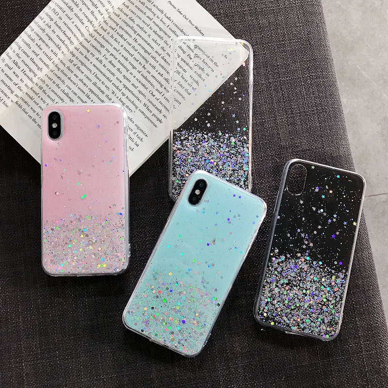 

new Glitter Bling Sequins Case For iphone 8 7 Plus 6 6s Epoxy Star Transparent Case For iphone X XR XS MAX 10 Soft TPU Cover