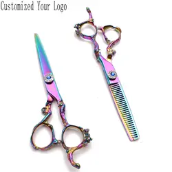 6 "индивидуальный логотип 440C многоцветные салонные Парикмахерские ножницы для стрижки волос филировочные ножницы ручка дракона C9003