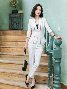 

Fashion Striped Business Suit With Jackets And Pants 2019 Spring Summer Women Office Work Wear Blazers Pantsuits OL Styles