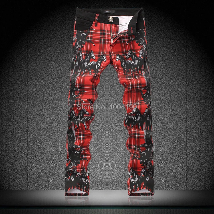 red plaid skinny jeans mens