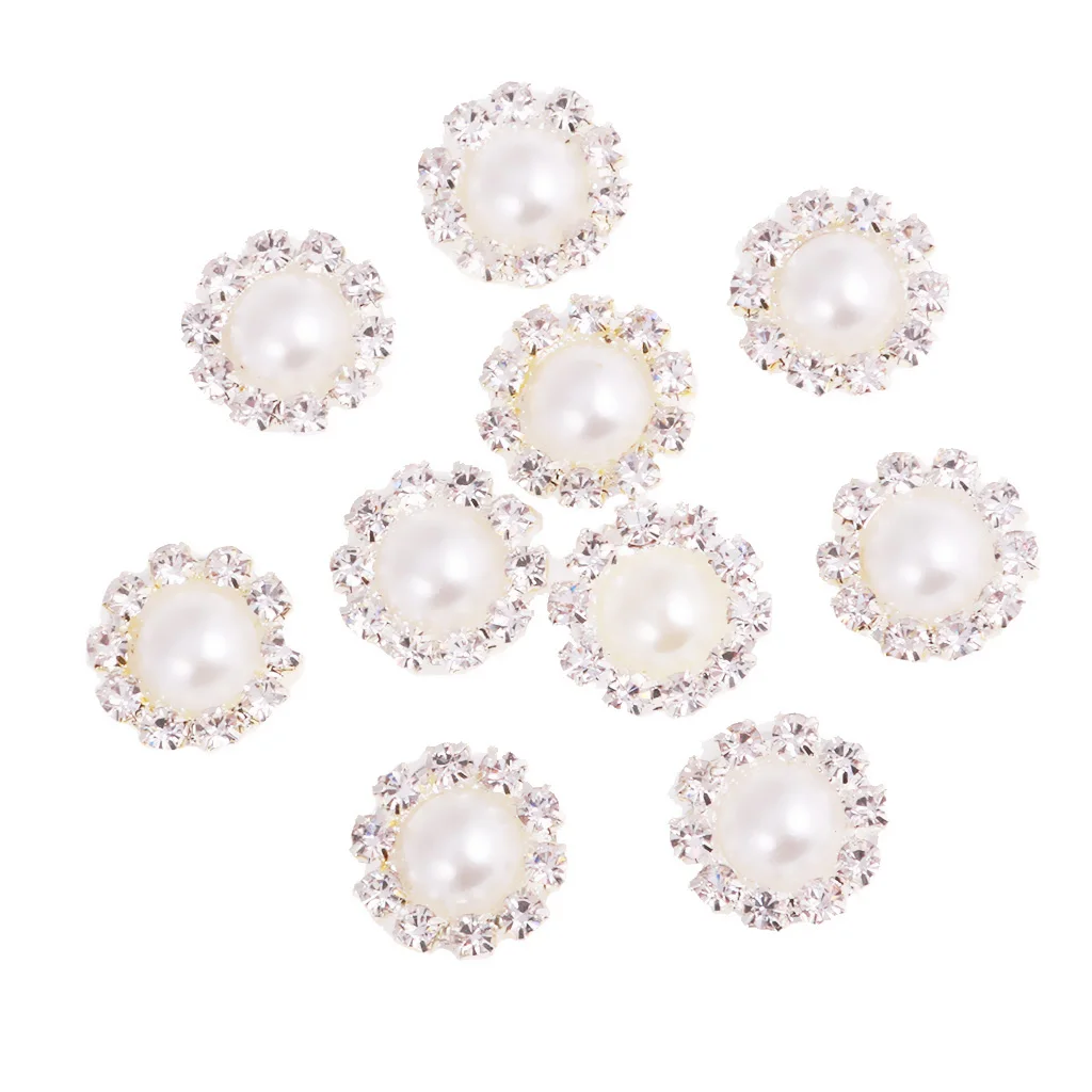 

10 Pieces Flower Shape Rhinestone Pearl Flatback Buttons for Wedding Scrapbook Embellishment 13mm