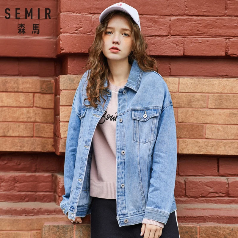 SEMIR Women 100% Cotton Oversized Denim Jacket with Collar Boyfriend Denim Jacket with Chest Pocket and Slant Pocket Chic Style