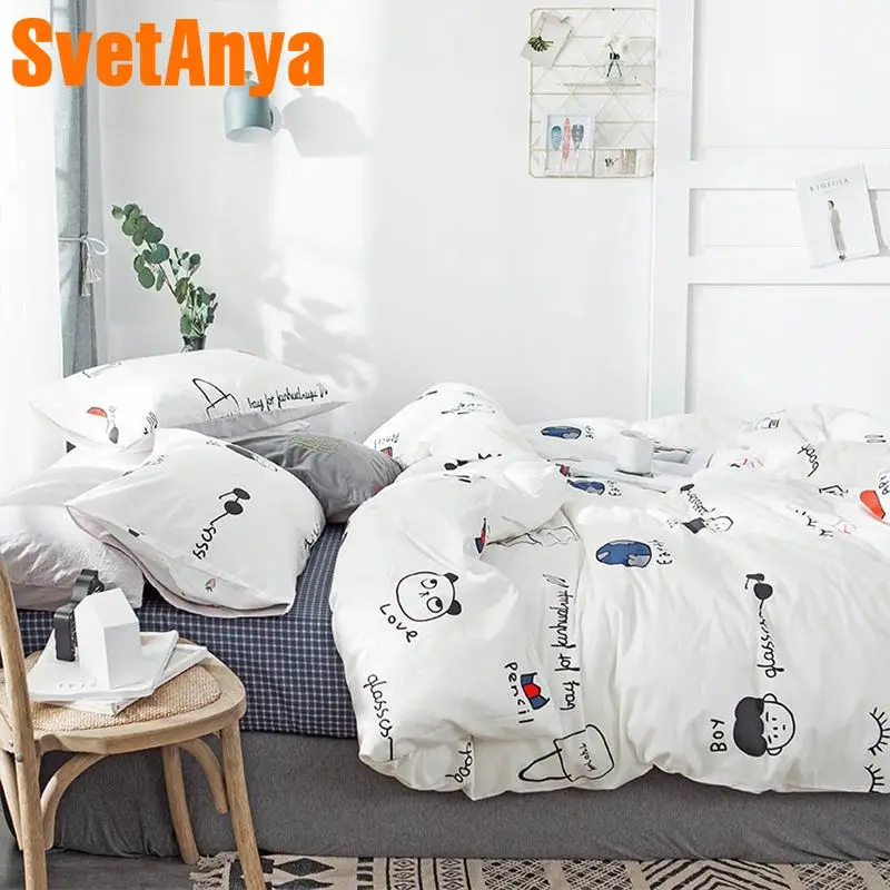 

Svetanya white Cotton Bedding Set print Bedlinen Single Double Queen king size