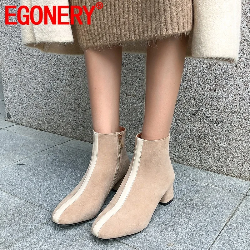 

EGONERY woman shoes 2019 newest spring autumn dress office middle heel shoes women square toe side zipper booties size 34-42