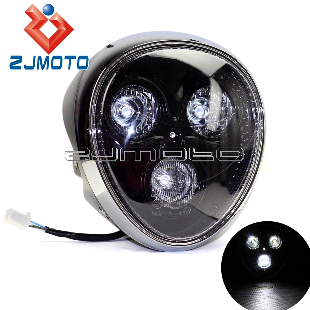 12V LED Motorcycle Monkey Face Headlight 3 Bulbs Hi/Lo Beam Front