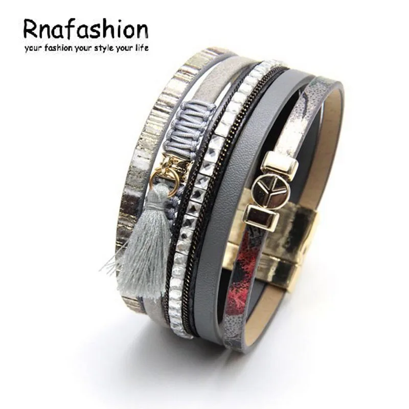 

RNAFASHION Jewelry Charms Leather Bracelets For Girls Pulseira De Couro Feminina Metal Charm Bohemian