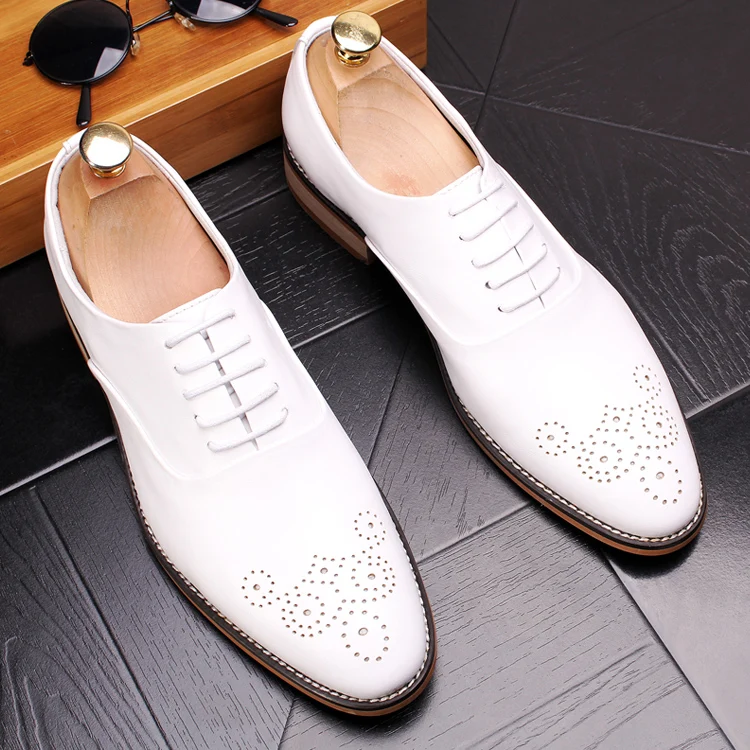 

Men 2018 Summer Style Wedding white Shoes Genuine Leather Dress Oxfords Pointed Toe Formal Breathable Flats shoes