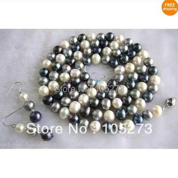 

New Arriver Pearl Jewelry Set 34inch Multicolor AA 8-9MM Natural Freshwater Pearl Necklace Earrings Wholesale New Free Shipping