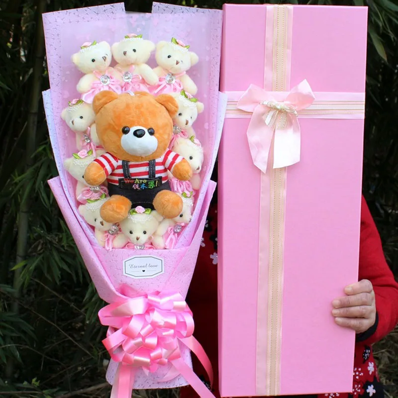

Teddy Bear Bouquet Lovely Cartoon Plush Doll Toys Bouquet with Artificial Flowers Valentine Day Wedding Party Decoration No Box