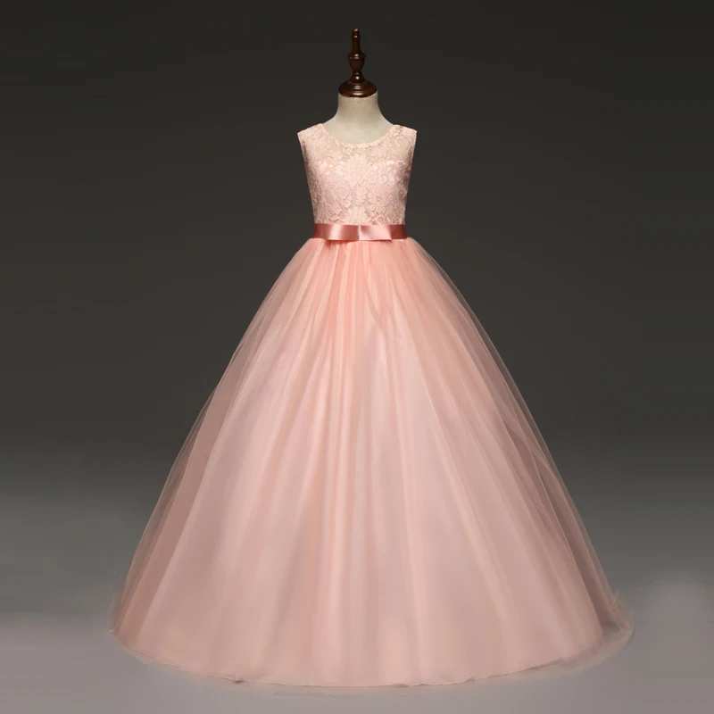 Свадебное кружевное длинное платье для девочек от 5 до 14 лет, Элегантное нарядное торжественное платье принцессы Летняя одежда без рукавов для девочек