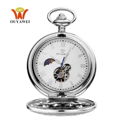 Hombre Relogio OYW механический ручной взвод карманные часы для мужчин человек скелет кулон часы серебро полный стальной корпус карманные Fob часы