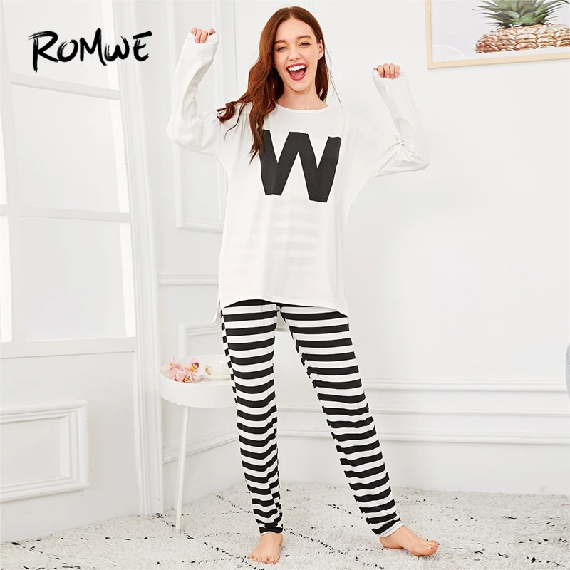 

ROMWE Letter Print Striped Pajama Set 2019 Black and White Long Sleeve Sleepwear Pijamas Comfortable Women Pajama Set