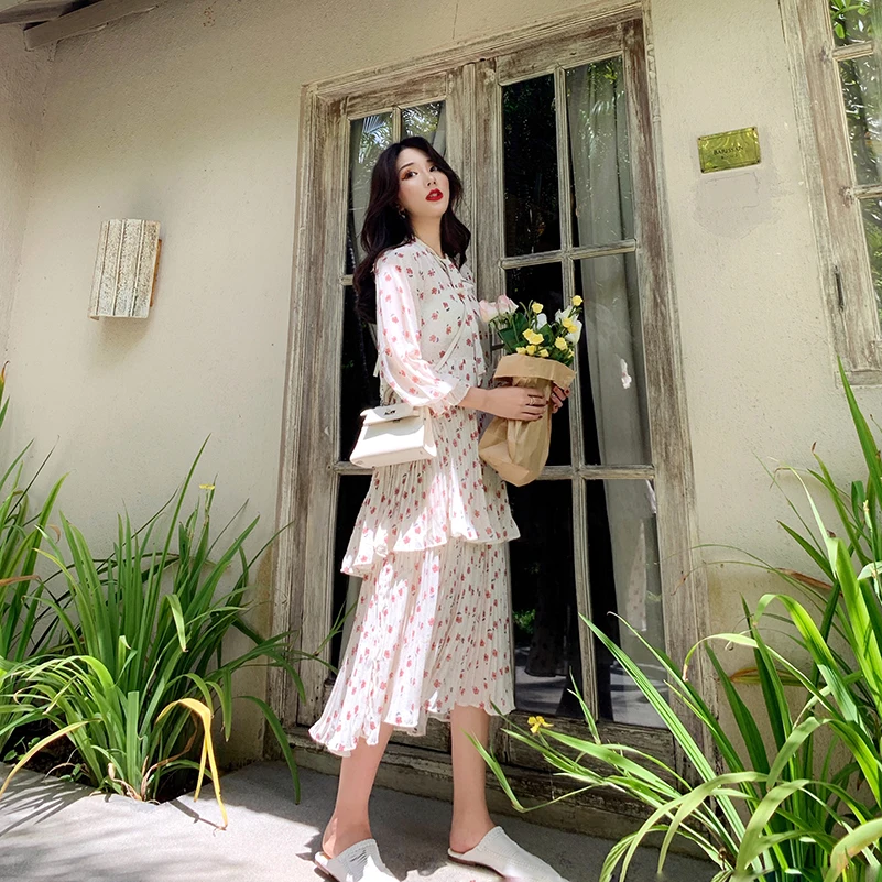 

Women Summer Chiffon Long Dress Elegant Vintage Loose High Waist Long Sleeve Cake Polka Dot Retro Casual Beach Sundress Vestidos