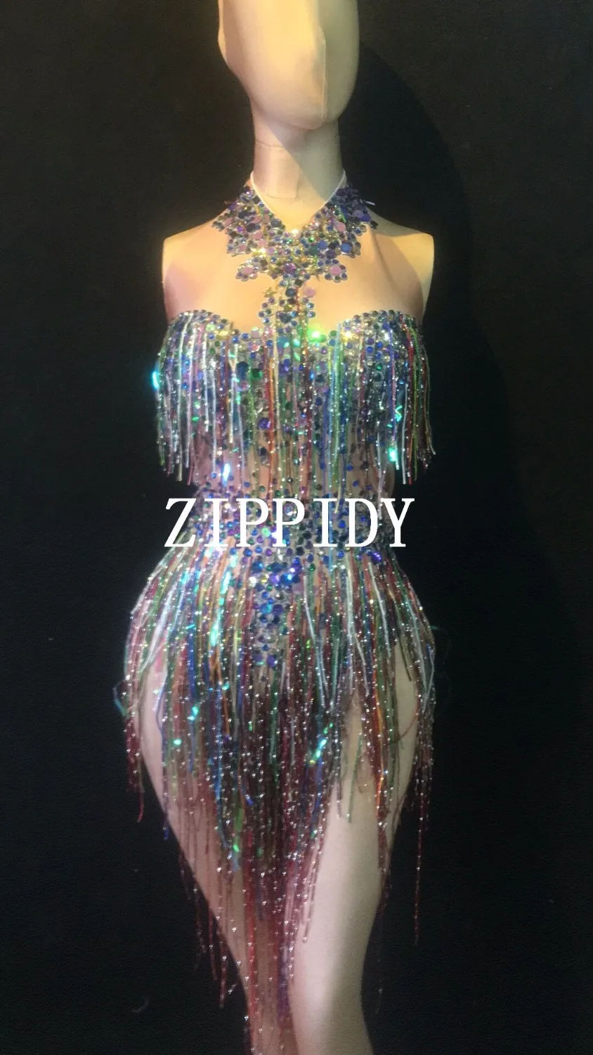 Colorful Fringes Rhinestones Bodysuit Women Stage Dance Costume Nightclub Dance Female Singer Show Bright Leotard Colorful Fringes Rhinestones Bodysuit Women Stage Dance Costume Nightclub Dance Female Singer Show Bright Leotard