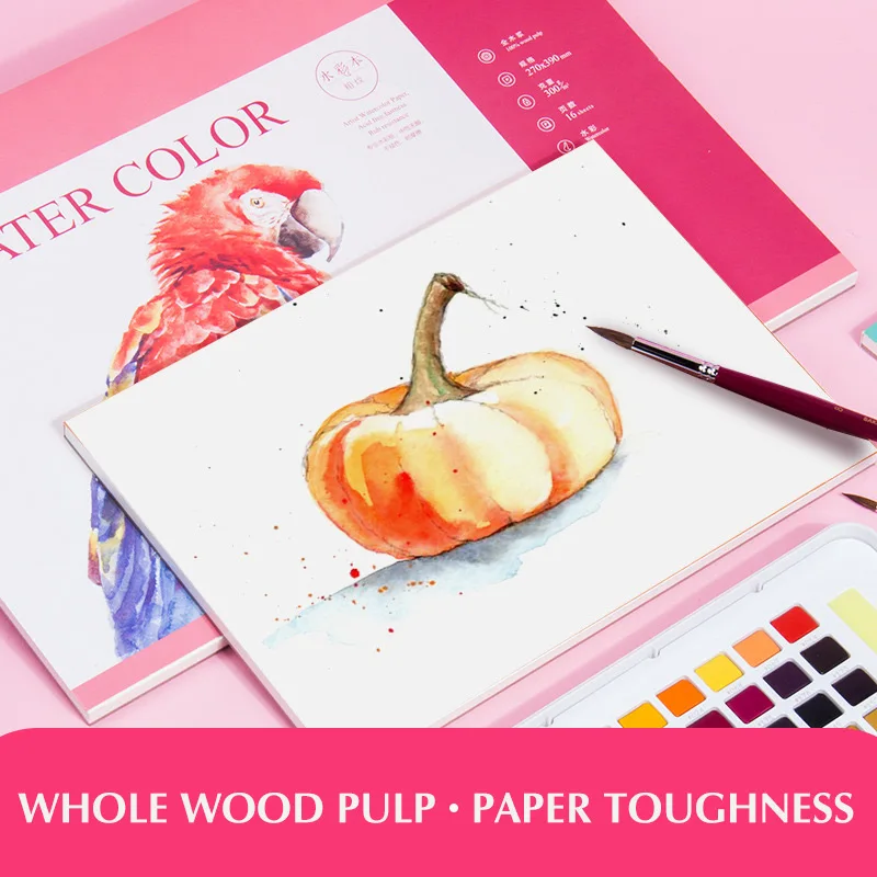 Newest 300g/m2 Professional 100% Wood Pulp Watercolor Paper 16Sheets Hand Painted Water-Soluble Paint Book Art Supplies