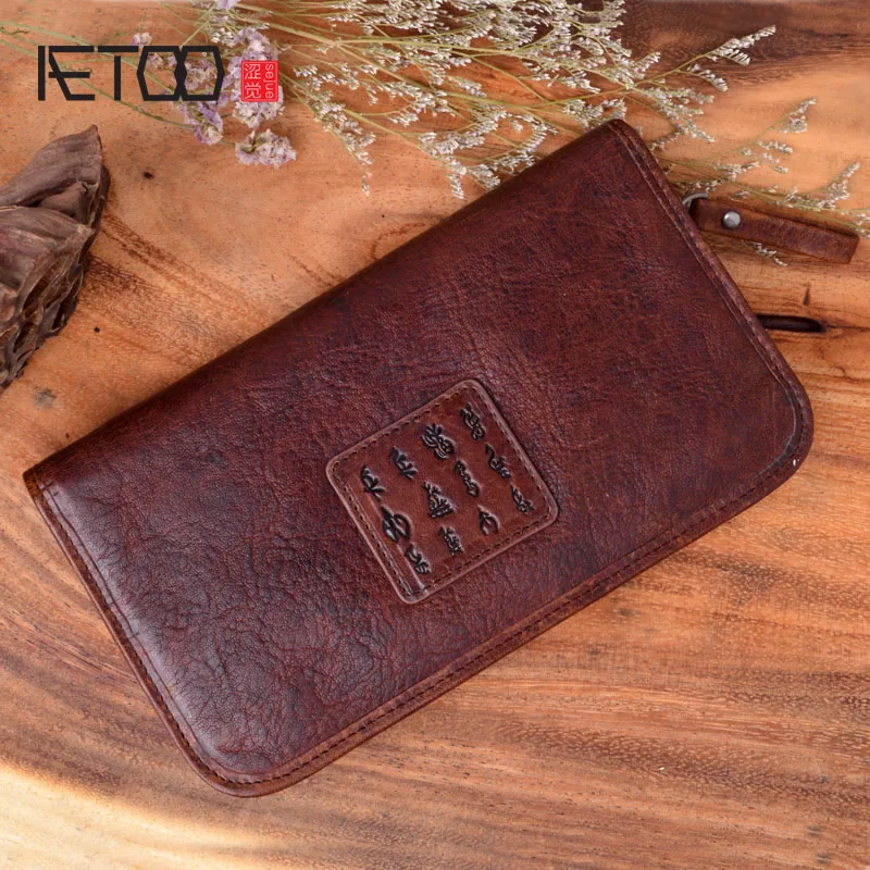 

AETOO Vintage hand-made head vegetable tanned sheepskin rub color long wallet handbags hand bag men and women wallet tide