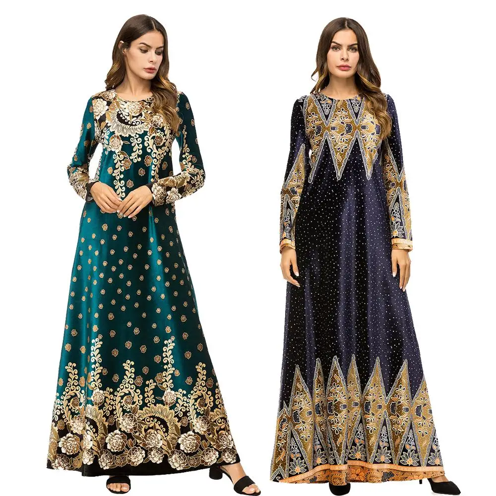 

Women Maxi Muslim Dress Abaya Jilbab Floral Printed O-neck Party Cocktail Elegant Ethnic Style Kaftan Turkey Islamic Clothing