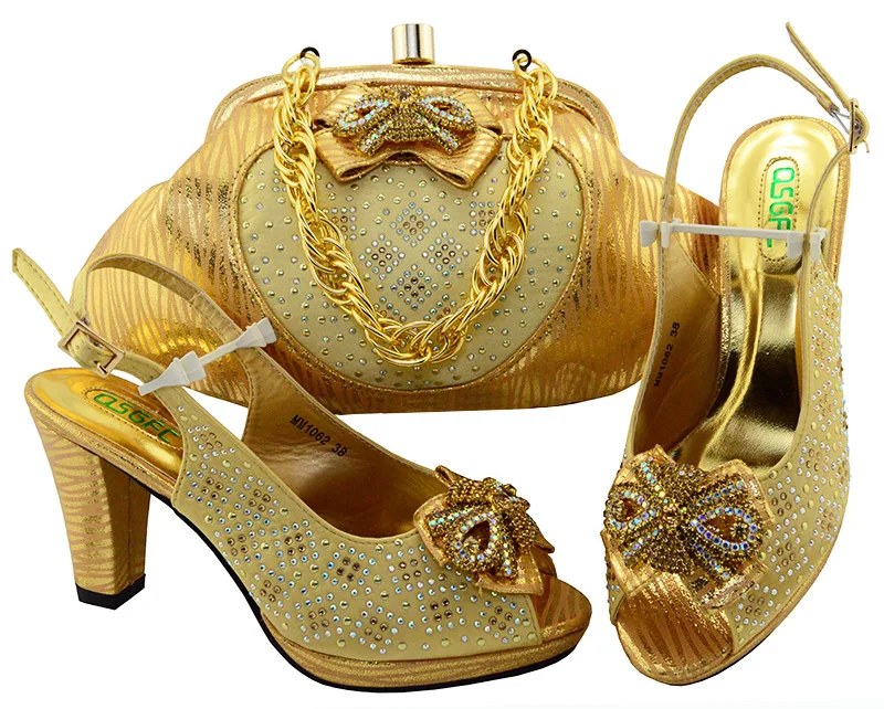 

SB8088-6 matching set fro african lace fabric dress aso ebi wedding party gold shoes and bag matching set