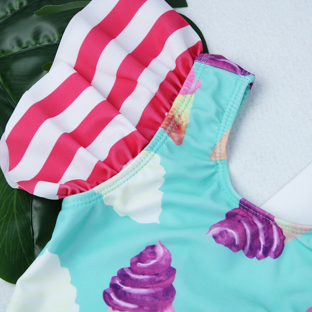Новинка года, купальный костюм для девочек, одежда для купания для малышей, Цельный Детский комбинезон, милый купальник в полоску с изображением мороженого, женский пляжный костюм