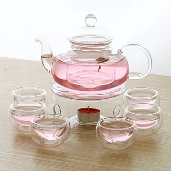 

O.RoseLif 1 ECO-friendly Heat Reistant Glass Teapot 600ml + 1 Warmer Base + 5 Double Tea Cups 8pcs/ Set Coffee&Tea Set