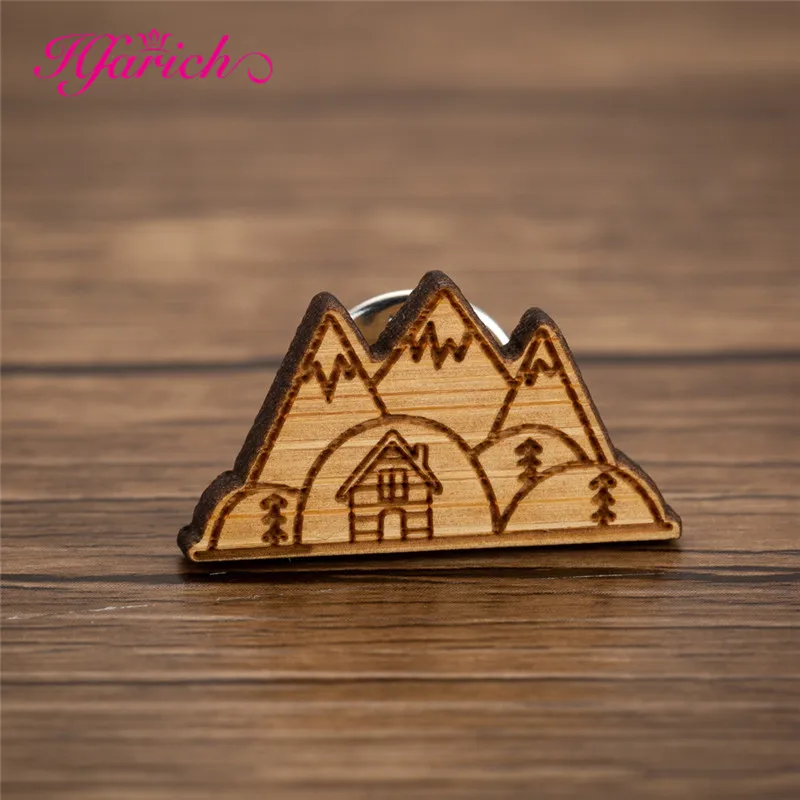 

Hfarich Wood Brooch Pins Mountain Lapel Pin Jeans Shirt Bag Broches Vintage Explore Nature jewelry Gift for Kids men