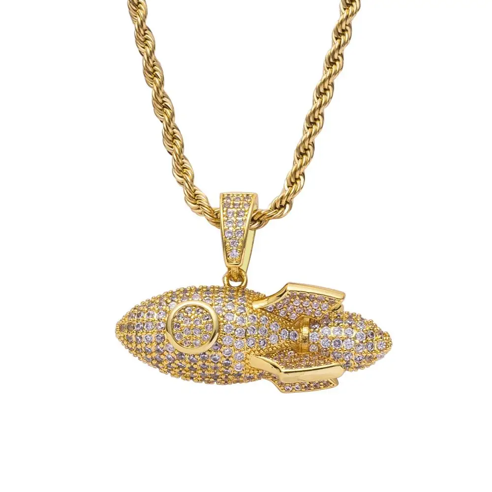 

Micro Paved AAA Cubic Zirconia Bling Iced Out Gold Rocket Pendants Necklace For Men Hip Hop Rapper Jewlery Drop Shipping
