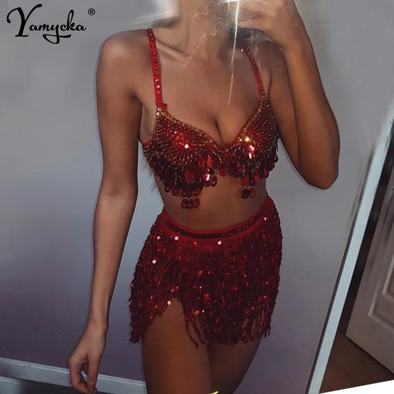 

Sexy Night club Sequins Dress Women Fashion Bling Tassel Sparkling Summer Dress 2019 Beach V Neck bralette Party Dresses Vestido