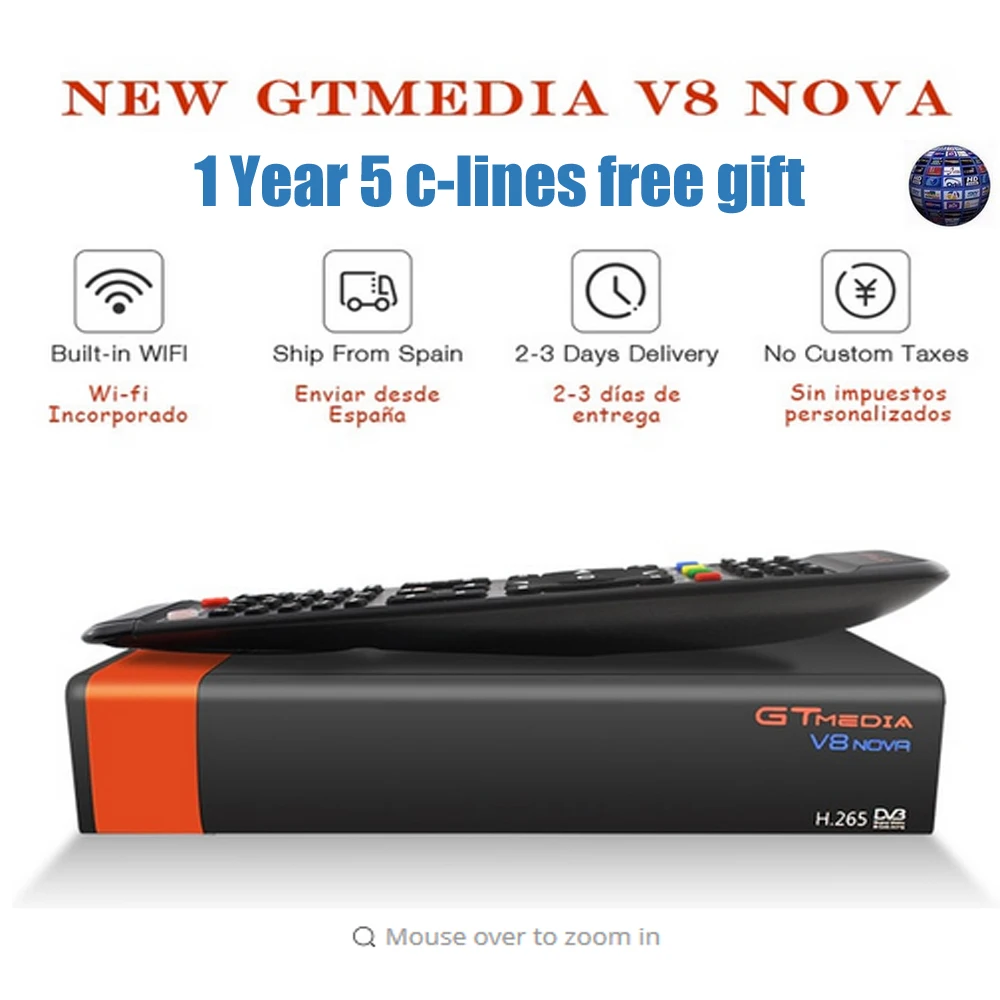 

GT Media V8 Nova DVB-S2 Freesat Satellite Receiver H.265 built-in WIFI+1Year Europe Spain CCcam TV Box New version of V8 Super