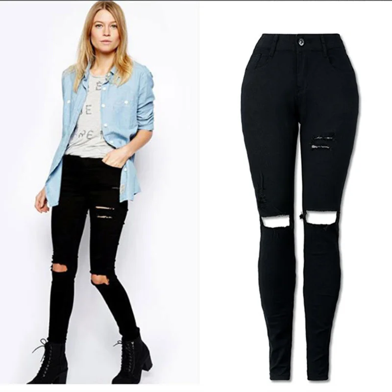 

New Black Sexy Jeans Pancil Pants Women High Waist Slim Hole Ripped Denim Jeans Casual Stretch Skinny Trousers Jeans