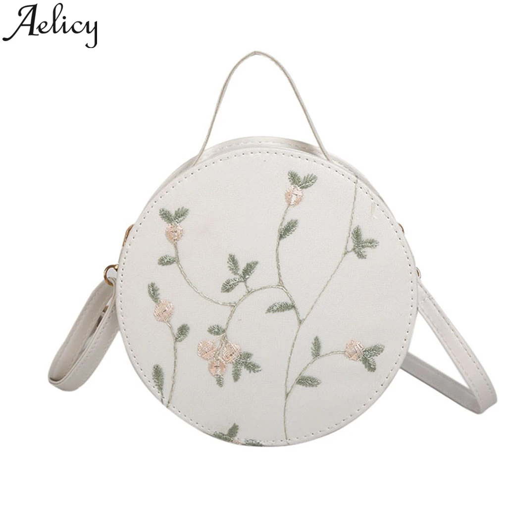 

Aelicy Circular Messenger Bags For Women Pu Leather Floral Embroidery Fresh Style Zipper Crossbody Bag For Girls And Students
