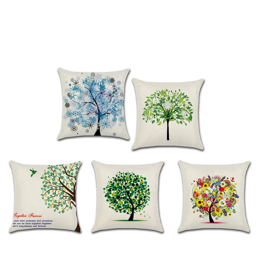 

Decorative Throw Pillow Case Small Fresh Cartoon Life Trees Square Cotton Linen Colorful Tree Cushion Cover For Sofa Car