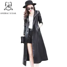 Осенняя куртка из искусственной кожи, женская, черная, мотоциклетная, промытая, искусственная кожа, женская сексуальная, тонкая, с карманами, mujer, размера плюс, длинное пальто